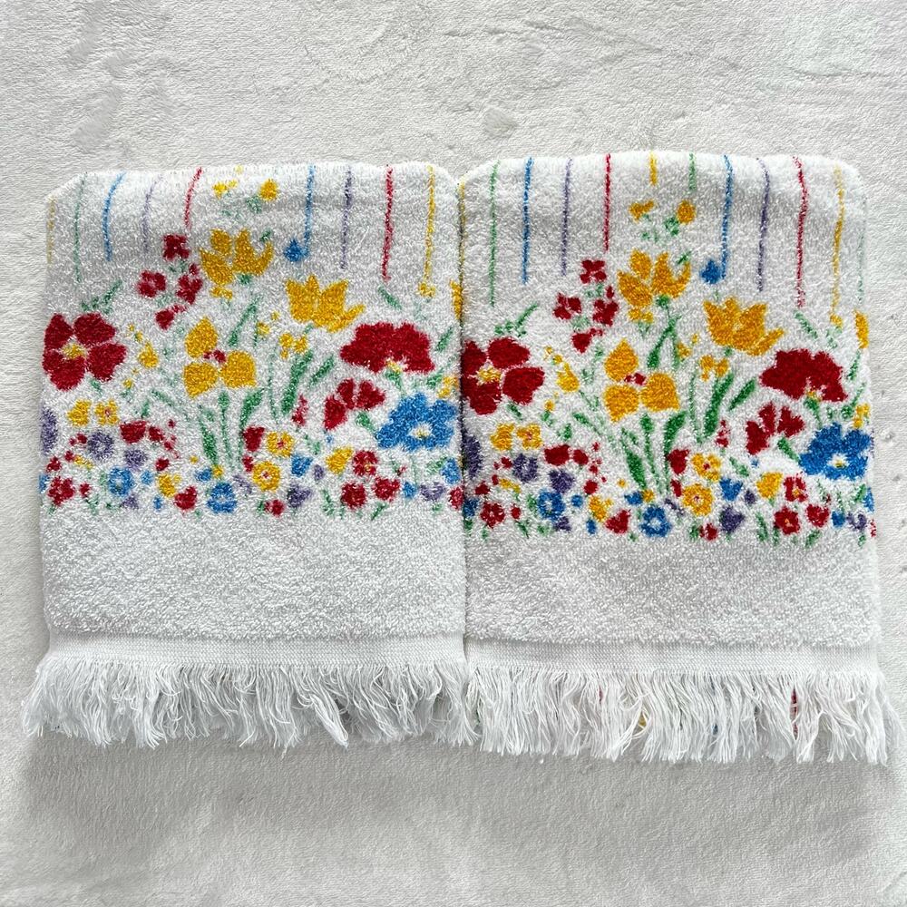 Cannon Vintage Floral Striped Bath Towel Set  Red Yellow White USA